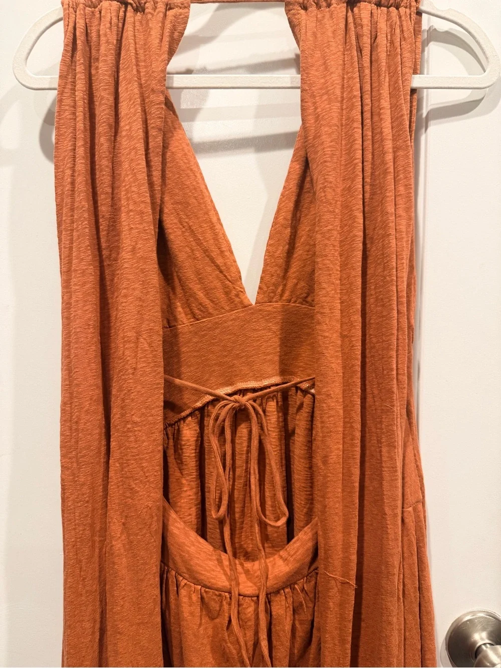 Free People Beach Rust Cutout Maxi Dress | Deep V Boho Open Back | Size Large
